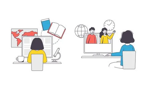 Online Learning with Student and Teacher Engaged in Virtual Classes Outline Illustrazione stock