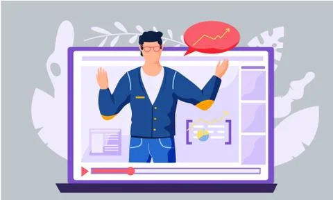 Online learning. Teacher on the computer screen explains a new topic. Webinar Stock Illustration