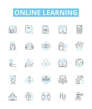 Online learning vector line icons set. eLearning, virtual, remote, digital Stock Illustration