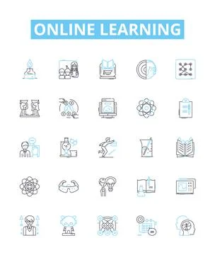 Online learning vector line icons set. eLearning, virtual, remote, digital Stock Illustration