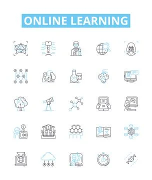 Online learning vector line icons set. eLearning, virtual, remote, digital Stock Illustration