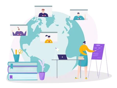 Online learning with video call technology, vector illustration, tiny teacher イラスト素材