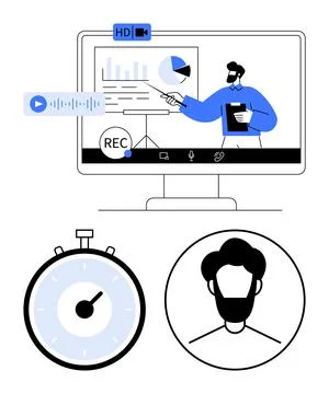 Online Learning with Video Recording, Timer, and Instructor Icon Stock Illustration