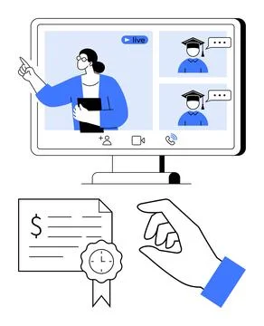 Online learning, virtual graduation, remote teaching, certification programs, Stock Illustration