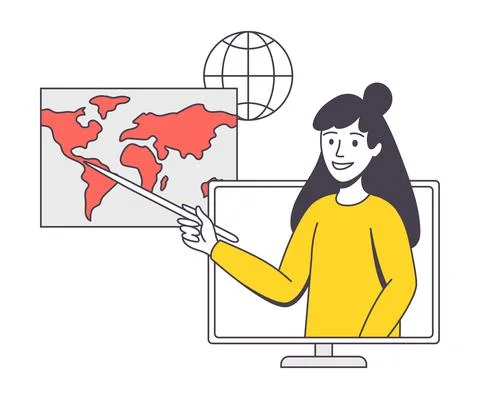Online Learning with Woman Instructor from Computer Pointing at Globe Map Stock Illustration