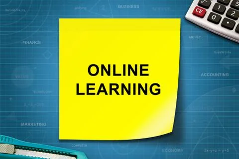 Online learning word on yellow note Stock Photos