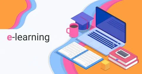 Online learning workspace with laptop books and coffee Stock Illustration