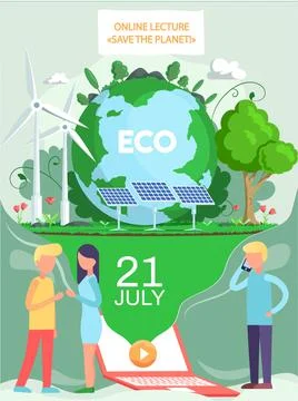 Online lecture about saving planet concept poster. Alternative sources of energy Illustrazione stock