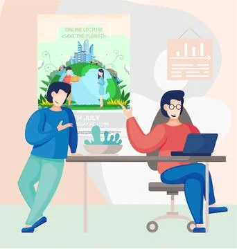 Online lecture about saving planet. Men develop lecture about nature and ecology Stock Illustration
