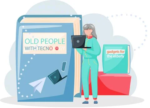 Online lecture and training gadgets for old people, modern means of Stock Illustration