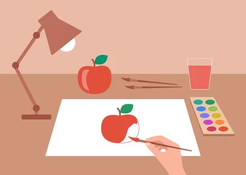 Online lesson learning to draw on laptop at home. Workplace with teacher Stock Illustration