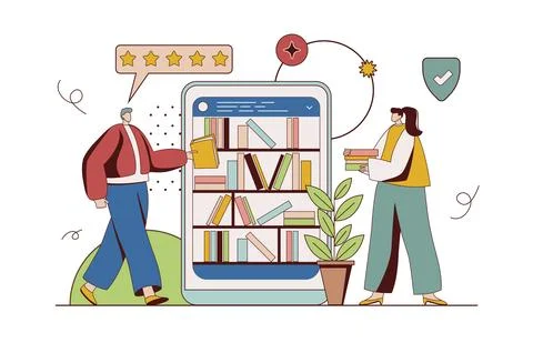 Online library concept with character situation in flat design. Man and wom.. Stock Illustration