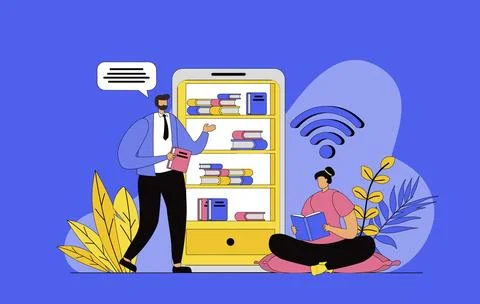 Online library concept with modern flat design for web. Man and woman readi.. Stock Illustration