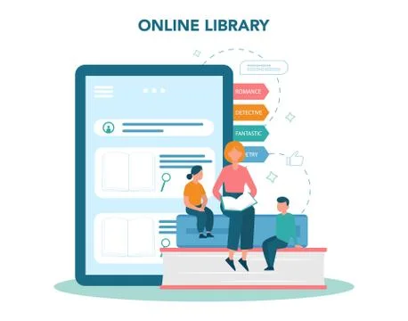 Online library concept. Using mobile phone and computer for learning Illustrazione stock