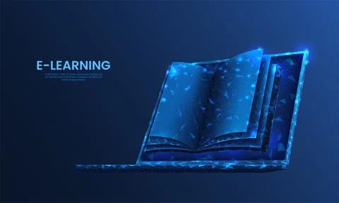 Online library. Digital book learning technology. Polygon laptop. Computer for Stock Illustration