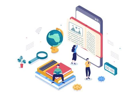 Online Library Digital Education Background with Distance Learning, Recorded  Illustrazione stock