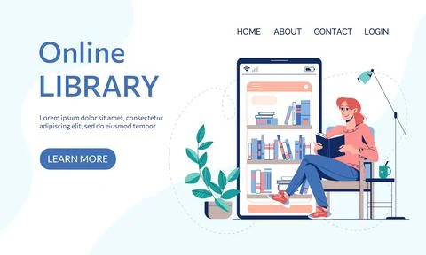 Online library, E-book reading landing page or web page template. Vector Stock Illustration