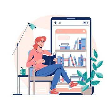 Online library, E-book reading concept. Vector illustration virtual library on a Stock Illustration