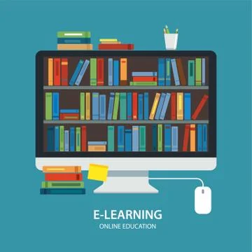 Online library education concept flat design Stock Illustration