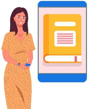 Online library, electronic book storage. Woman using educational website for Illustrazione stock