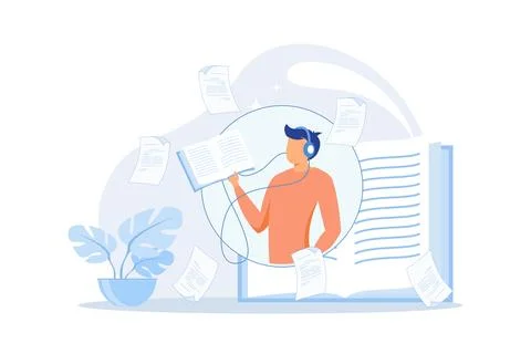 Online library flat background with young people listening audio books usin.. Stock Illustration