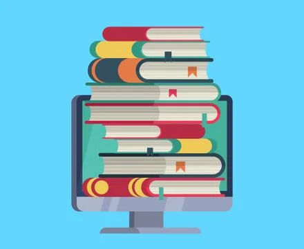 Online library. Flat computer with stack books on screen. Electronic knowledge Stock Illustration