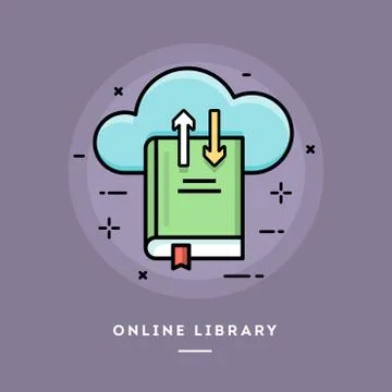 Online library, flat design thin line banner Stock Illustration