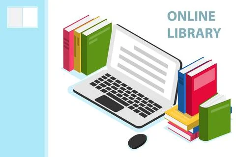 Online library isometric concept. Online library isometric design with book. Stock Illustration