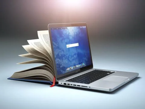 Online library or E-learning concept. Open laptop and book compilation. On... Stock Photos