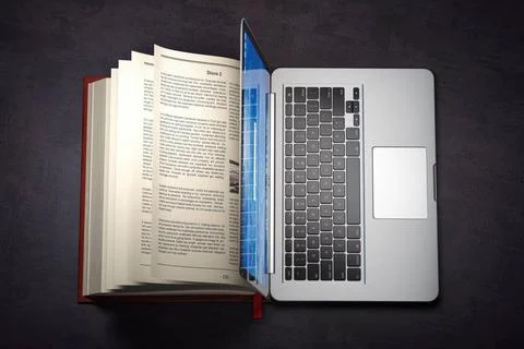 Online library or E-learning concept. Open laptop and book compilation. On... Stock Photos