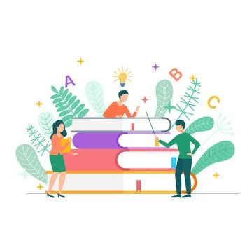 Online library, self study. Person on stack of large books, using literature Stock Illustration