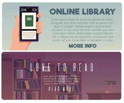 Online library vector banner set, hand holding smartphone with electronic book Stock Illustration