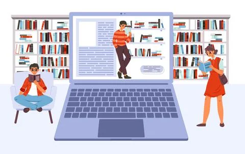 Online library vector concept. Students reading, boy with book on computer Stock Illustration