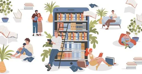 Online library vector flat illustration. People sitting in comfortable poses and Stock Illustration