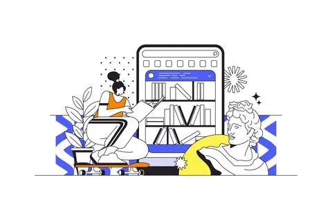 Online library web concept in flat outline design with characters. Woman re.. Stock Illustration