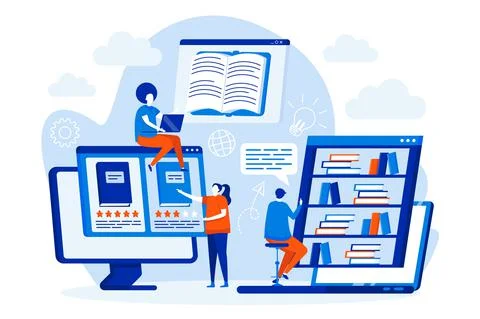 Online library web design concept with people characters. Students reading e- Ilustración de archivo