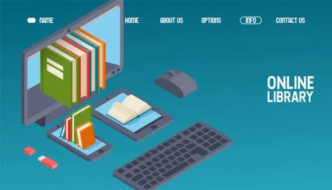 Online library website design, read books on computer, phone, tablet, vector Illustration