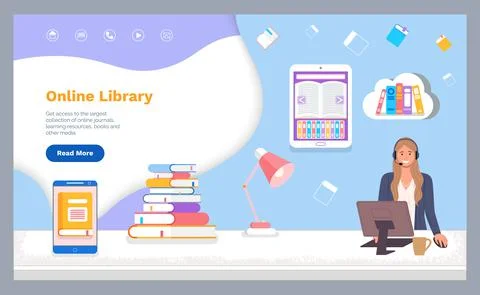Online library, woman operator using computer, electronic books, e-books, e Stock Illustration