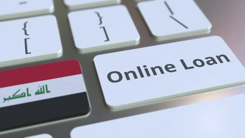 Online Loan text and flag of Iraq on the keyboard. Modern credit related Stock Footage 135133894
