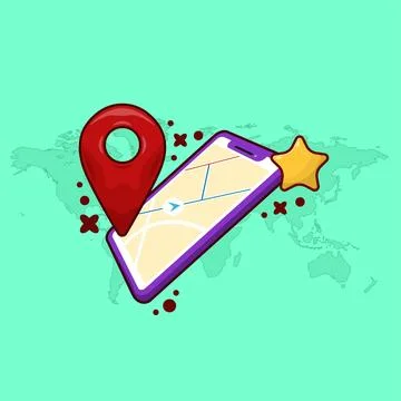 Online Map Vector Illustration with Smartphone and Pin Mark. Travel Element.. Illustrazione stock