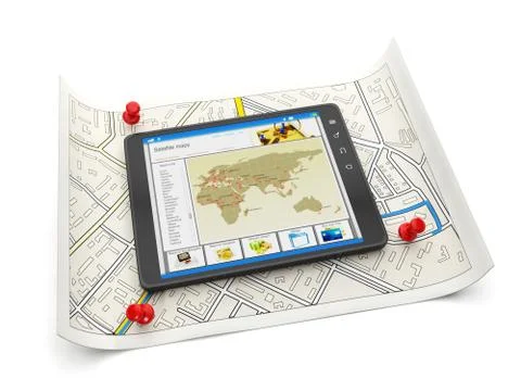 Online maps of various cities. tablet pc with a site map and a map of the cit Stock Illustration