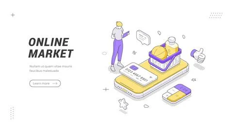 Online Market And E-commerce Store Isometric Vector Illustration Banner Tem.. Stock-Illustration