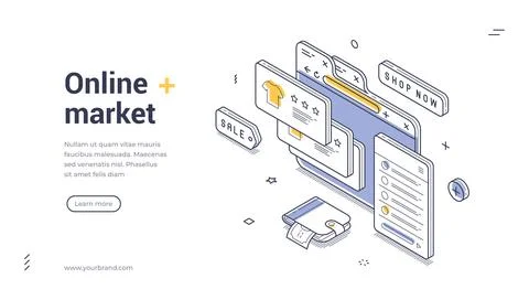 Online market web banner for e-commerce. Isometric template with browser, mob 스톡 일러스트