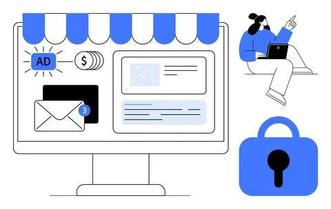 Online Marketing and Security Elements with Remote Work Depiction in Flat Sty 스톡 일러스트