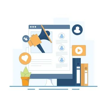 Online Marketing Concepts. Computer with Handheld Megaphone and Reacts. Stock Illustration