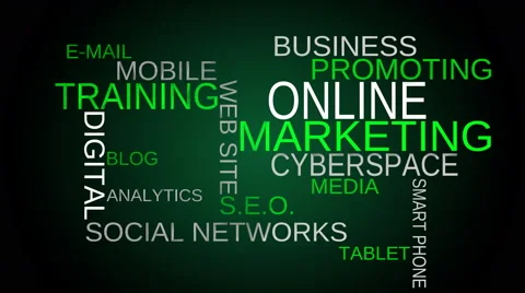 Online, marketing tag word cloud - green background. Stock Footage