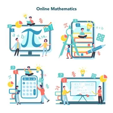 Online math course set. Learning mathematics in internet, Stock Illustration