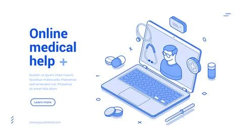 Online medical help isometric web banner template. Telemedicine and doctor co Illustration