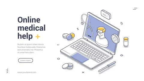 Online medical help web banner. Isometric template for telemedicine. Vector i Stock Illustration