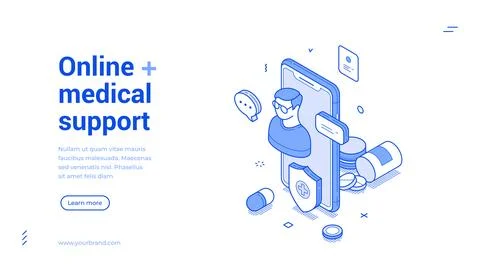 Online medical support isometric web banner template. Digital healthcare and  Stock Illustration